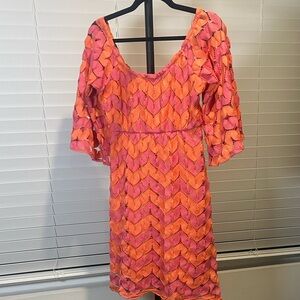 Judith March Pink and Orange Flutter Sleeve V-Neck Dress